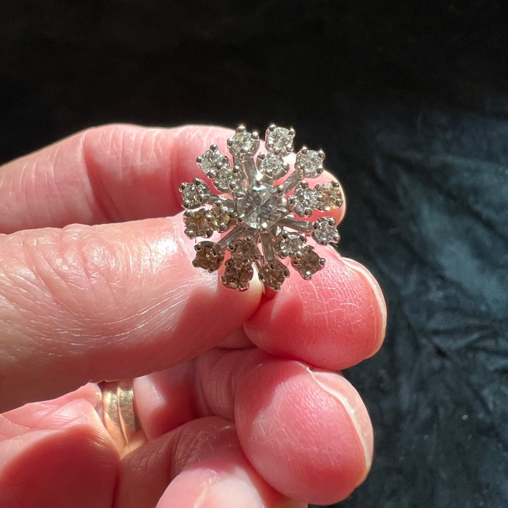 14kt white gold, diamond cluster ring. Size 5